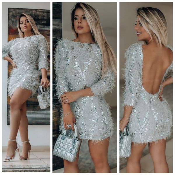 Vestido Bordado em Paetês Luxo Manga Longa