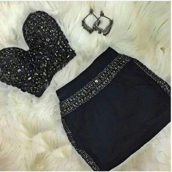 Conjunto Top Cropped  Bordado Pedras Saia Detalhe Bordado