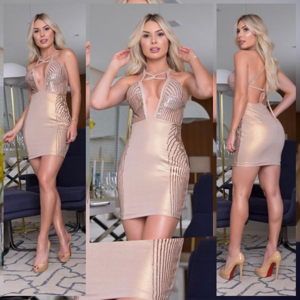 Vestido Dourado Luxo Bordado em Paetês