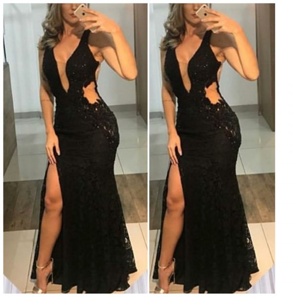 Vestido Longo Abertura Cintura Detalhes Em Renda e Bordados