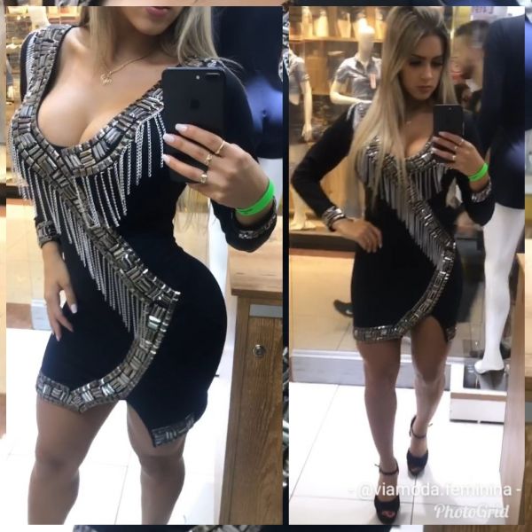 Vestido Bordado  Decote Barra Manga Longa Franjas